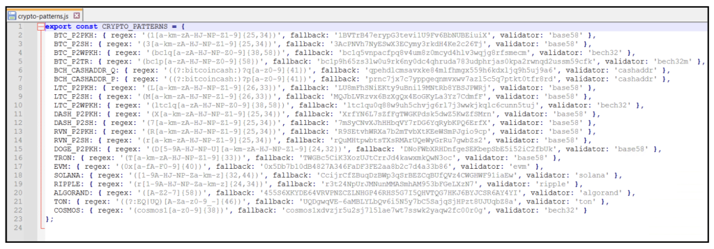 Figure 7. Hardcoded cryptocurrency Regex and fallback address